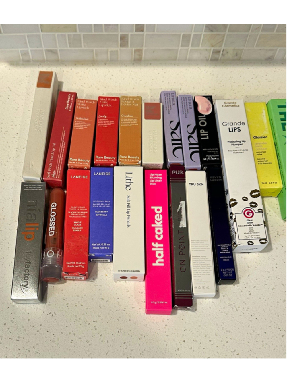 23pc Assorted Lip Lot Rare Beauty Laneige Glossier Grande Haus Labs Saie & More